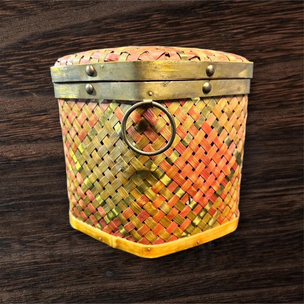 Vintage Woven Weave Metal & Wood Trinket Chest Hinged Keepsake Box Decor 13